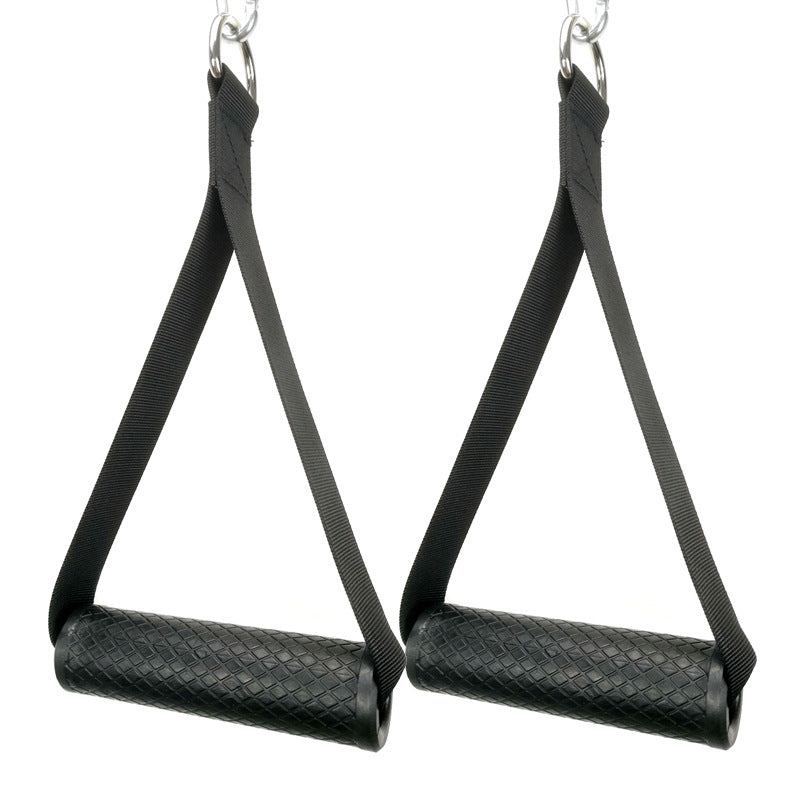 fitness resistance band for strength training - černé úchopy s trojúhelníkovým designem a bezpečnostními karabinami.