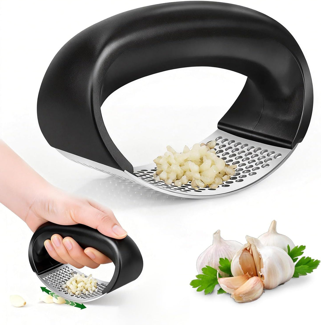 nerezový lis na česnek 304 s ergonomickým držadlem pro snadné drcení a mletí česneku