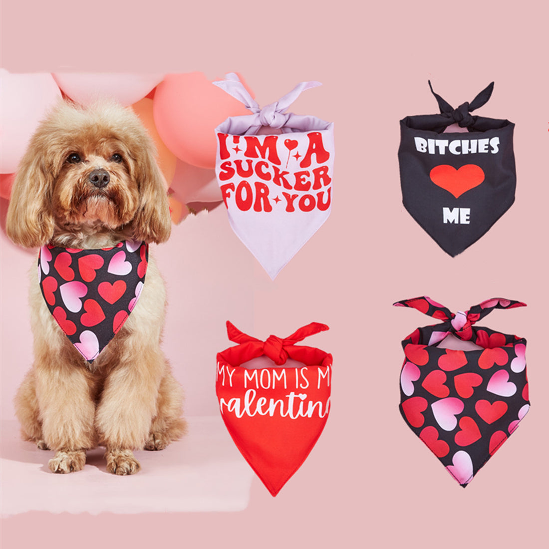Pes nosící barevné šátky s potisky pro Valentýna, pes se šály dog saliva towel scarf.