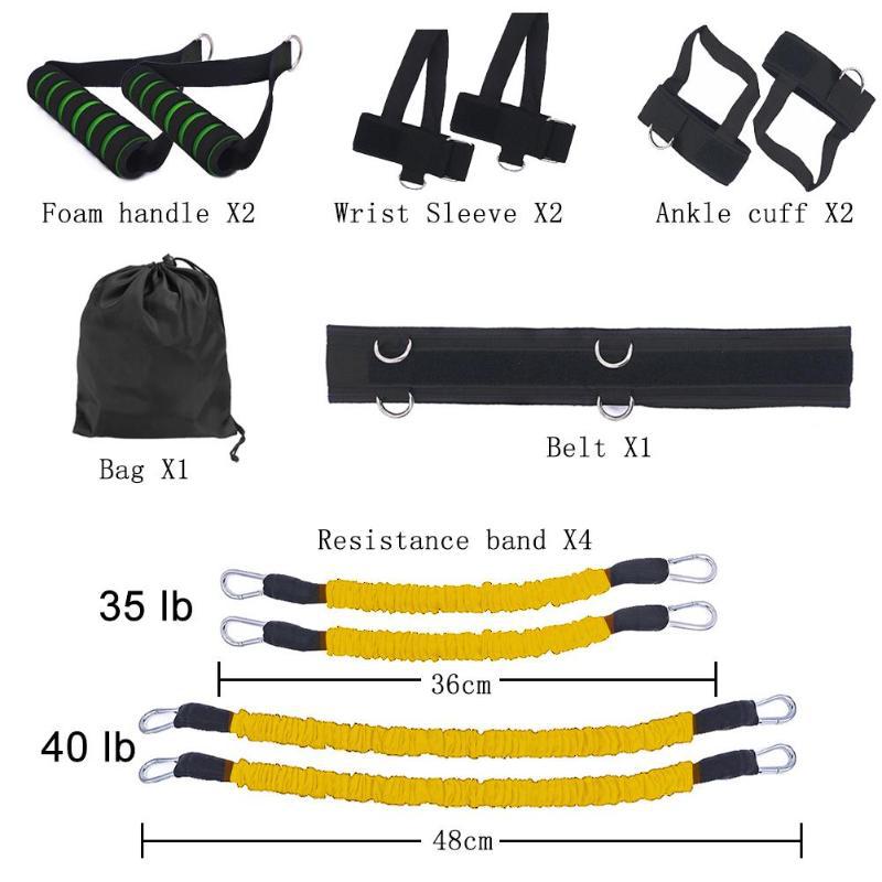 Fitness sports bounce trainer set obsahující elastické odporové pásy, popruhy a tašku pro cvičení a trénink