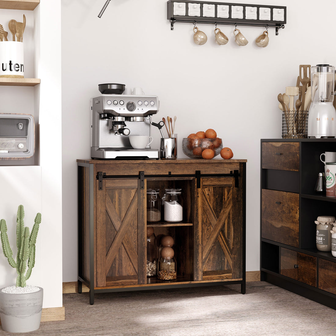 rustic sideboard buffet cabinet umístěný v moderní kuchyni s kávovarem a úložným prostorem