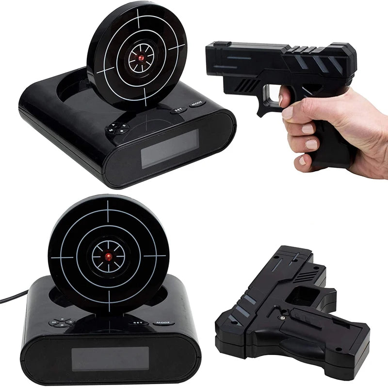 digitální budík s laserovým cílem - elektronický budík s terčem a pistolí pro děti.