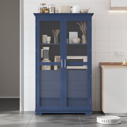 Freestanding kitchen storage cabinet blue s prosklenými dveřmi a vestavěnými zásuvkami v moderní kuchyni.