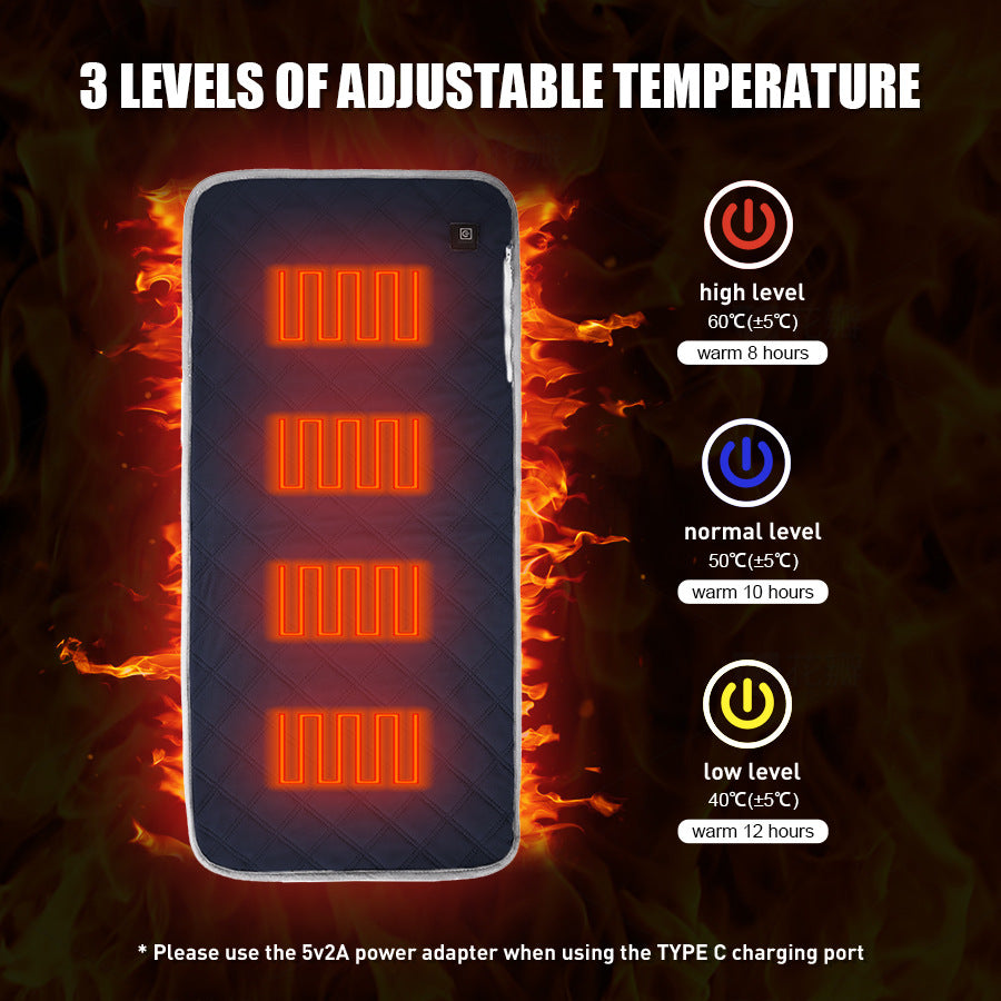 USB heated sleeping pad s 3 úrovněmi nastavitelné teploty a dlouhou výdrží tepla.
