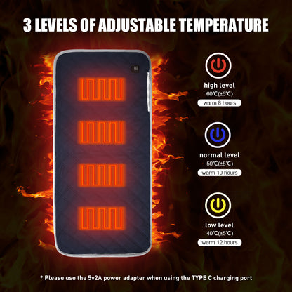 USB heated sleeping pad s 3 úrovněmi nastavitelné teploty a dlouhou výdrží tepla.