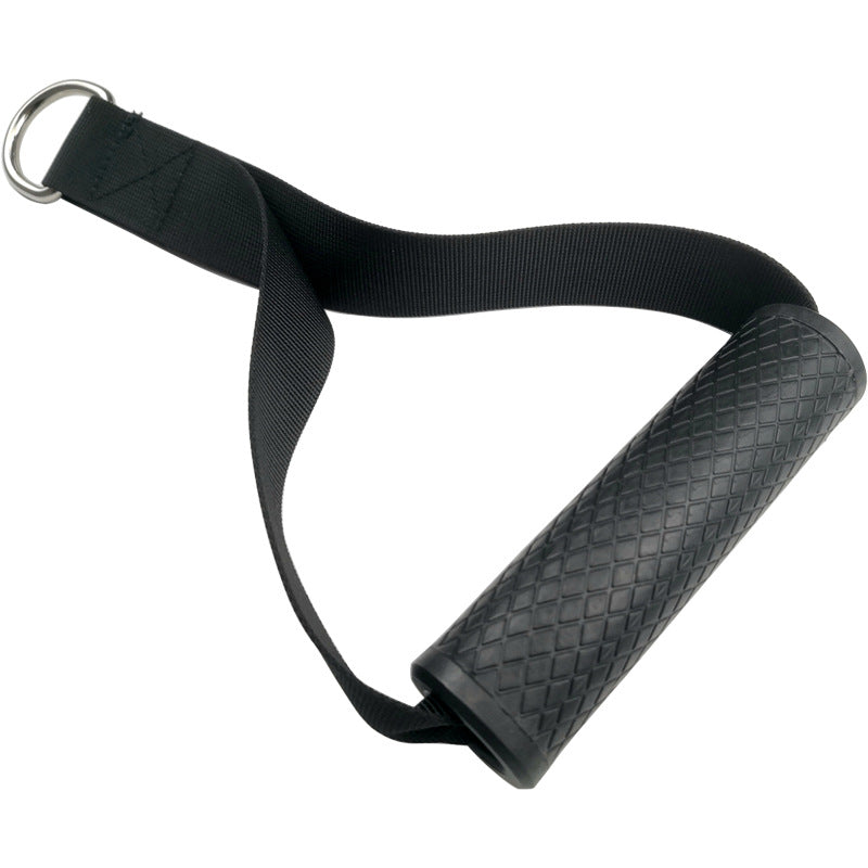 Fitness resistance band for strength training s černou rukojetí z gumy a upevňovacím pásem.