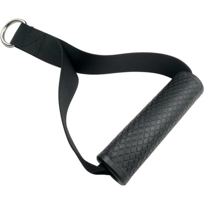 Fitness resistance band for strength training s černou rukojetí z gumy a upevňovacím pásem.