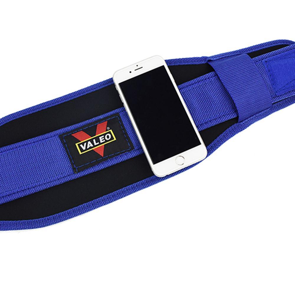 Nylon fitness belt for weightlifting s mobilením telefonem, modrá barva, značka Valeo.