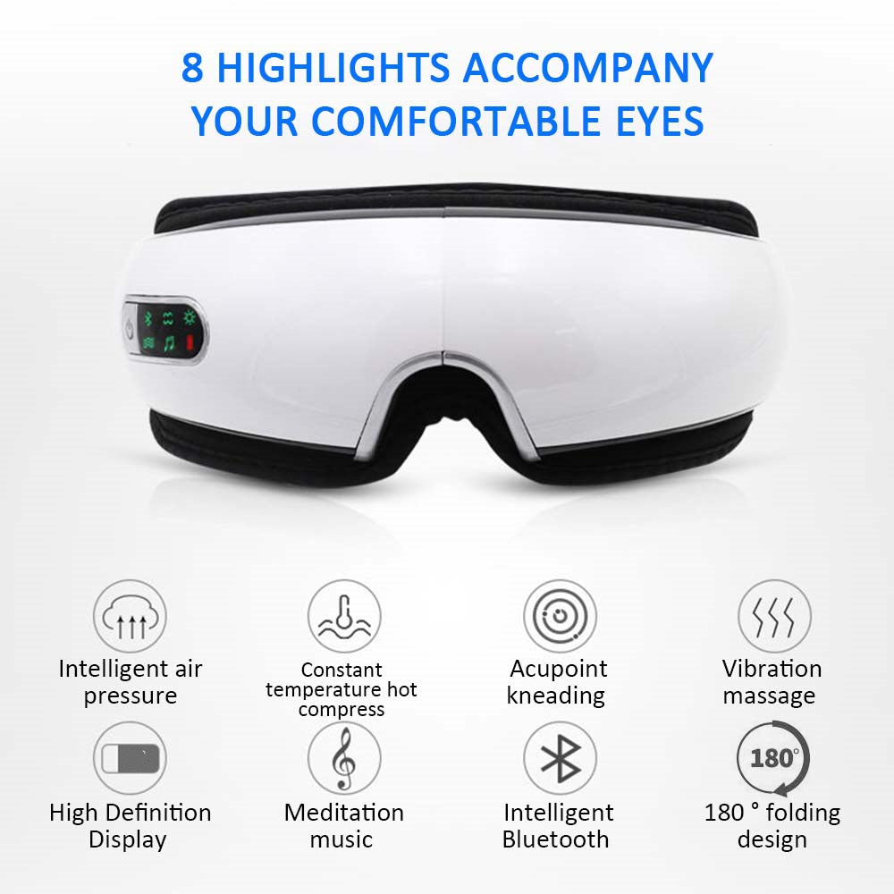 Inteligentní masážní přístroj na oči s inteligentním vzduchovým tlakem a funkcemi jako Bluetooth a vibrace.
