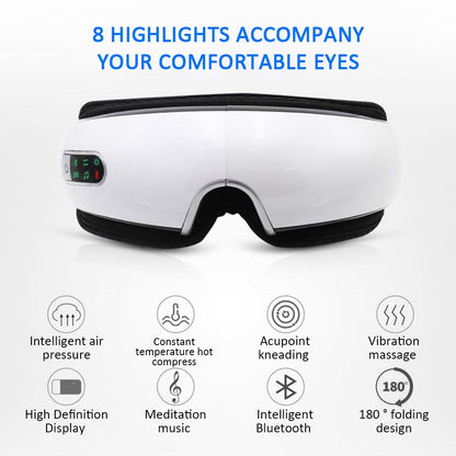 Inteligentní masážní přístroj na oči s inteligentním vzduchovým tlakem a funkcemi jako Bluetooth a vibrace.