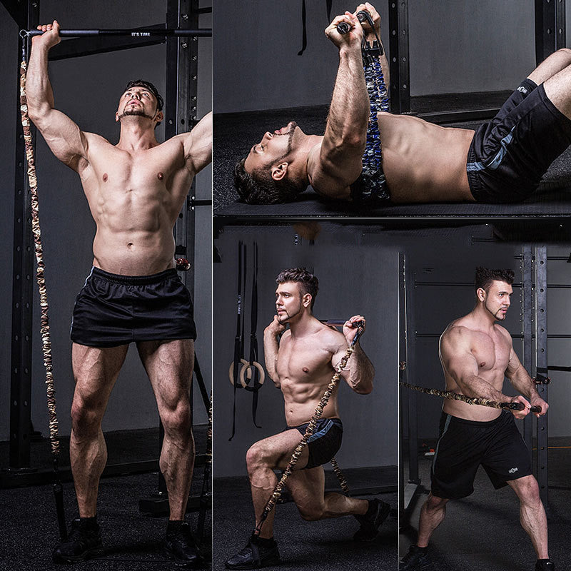 Muži cvičící s INNSTAR Fitness Push Rod fitness barem, použití portable fitness push rod bar pro různé cviky.