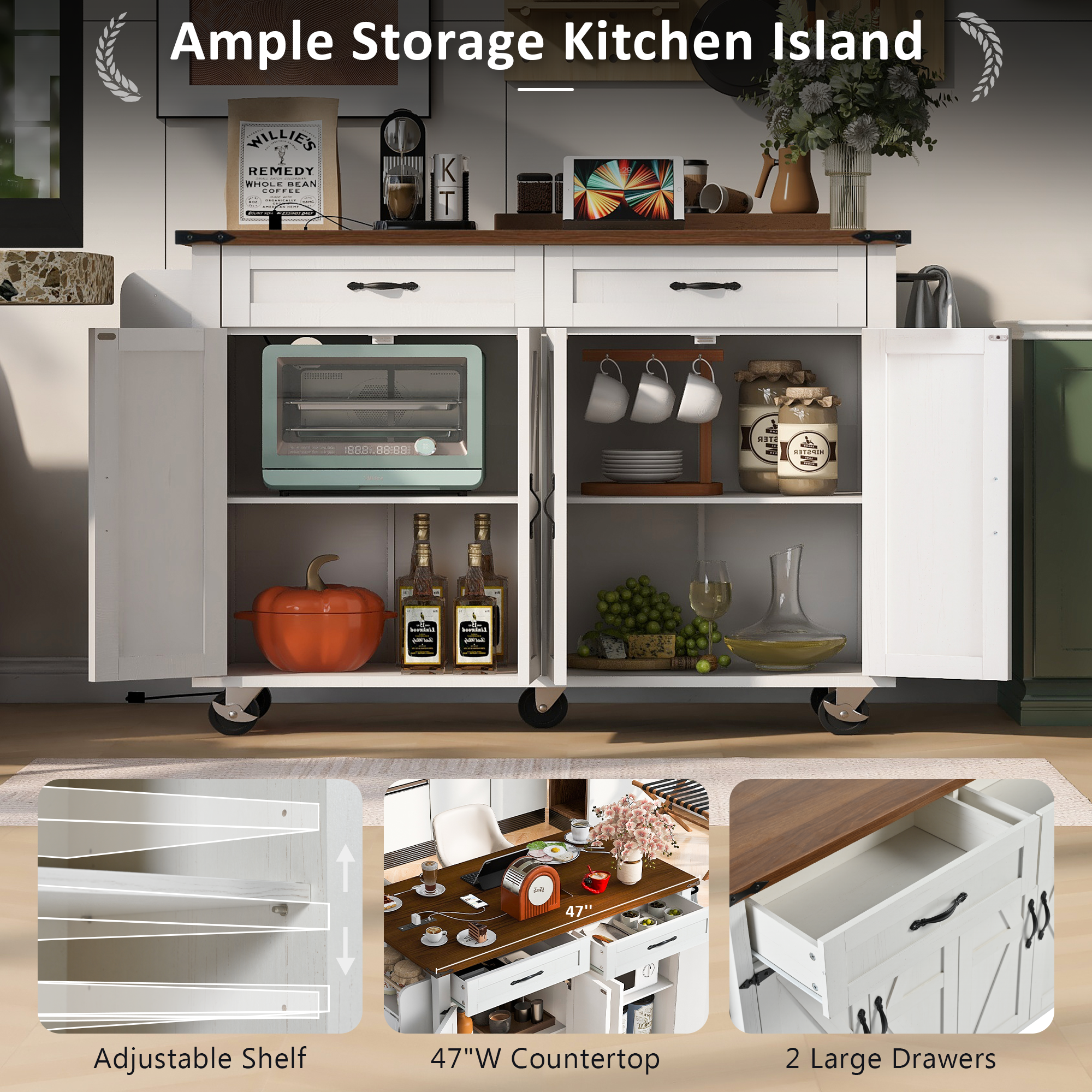 K&amp;K 53.5 Farmhouse kitchen island with power outlet s dostatkem úložného prostoru, dřevěné desky a velké zásuvky.
