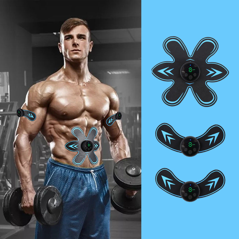 fitness muscle stickers home gym equipment - muž s činkami a masážními přístroji na břiše