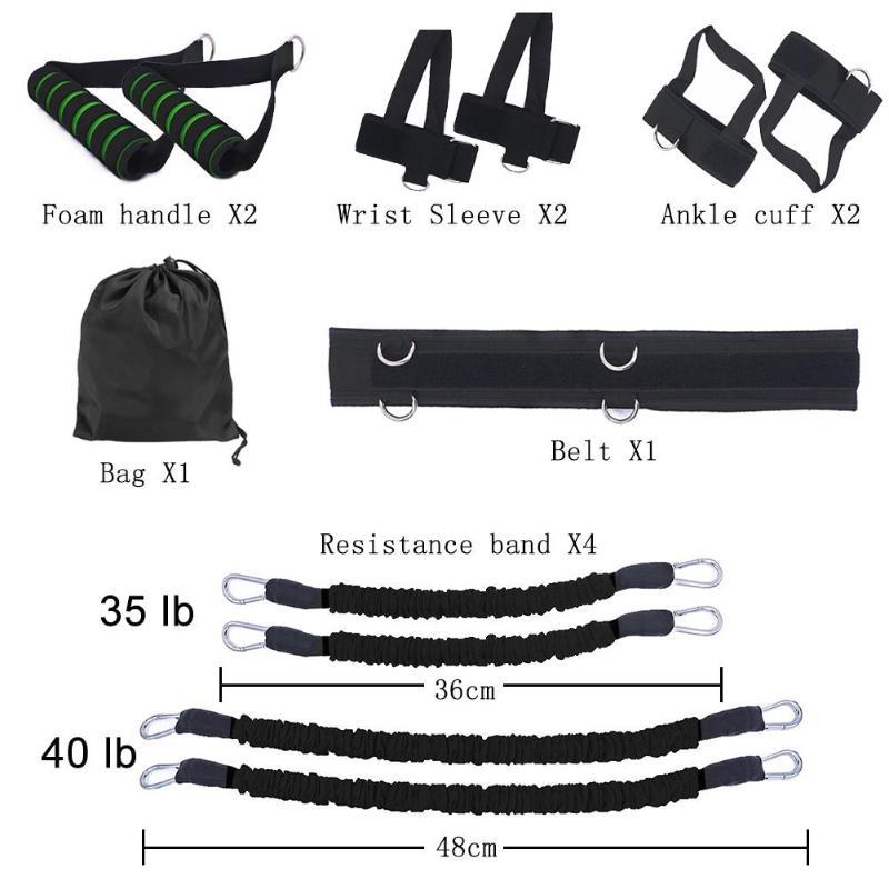 sada vybavení pro Fitness bounce trainer for fitness training zahrnující pěnové úchyty a odporové pásy