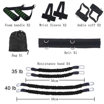 sada vybavení pro Fitness bounce trainer for fitness training zahrnující pěnové úchyty a odporové pásy