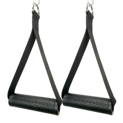 fitness resistance band for strength training - černé úchopy s trojúhelníkovým designem a bezpečnostními karabinami.