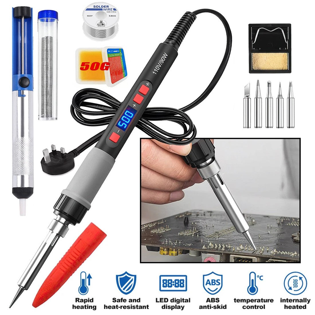 90W Soldering Iron Kit UK s LCD displejem a příslušenstvím pro elektronické svařování
