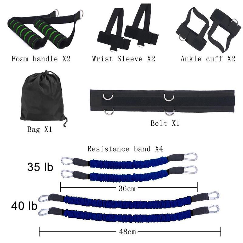 Fitness sports bounce trainer set s odolnými elastickými pásy a příslušenstvím pro trénink. Bounce trainer for fitness training.