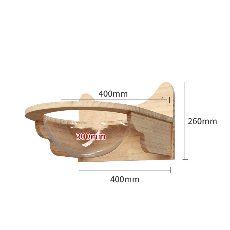 dřevěný stěnový kočičí otřesový rám s prostorem pro misku, rozměry 400mm x 260mm a 300mm průměr.