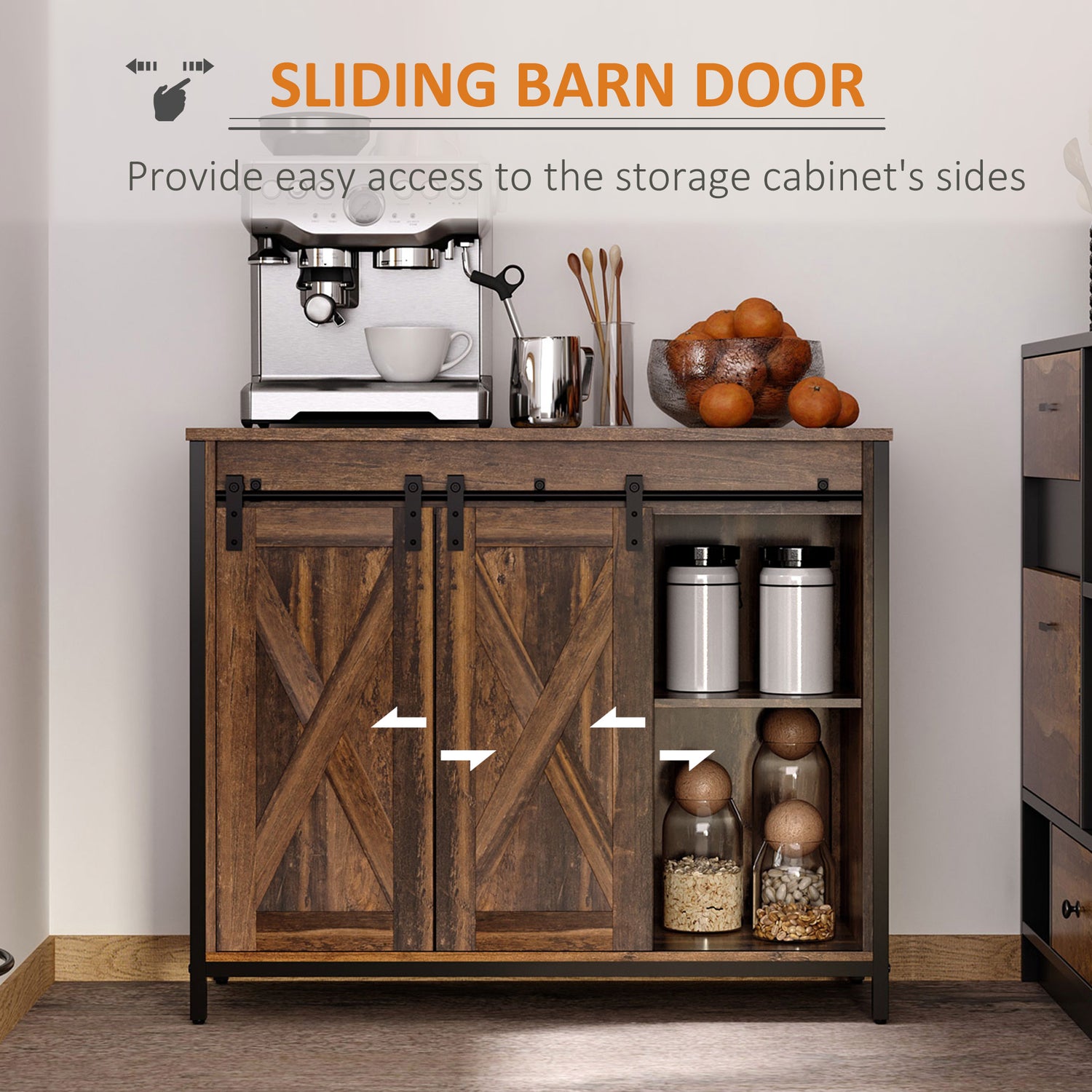 rustic sideboard buffet cabinet with sliding barn doors for easy access and storage in a living space.