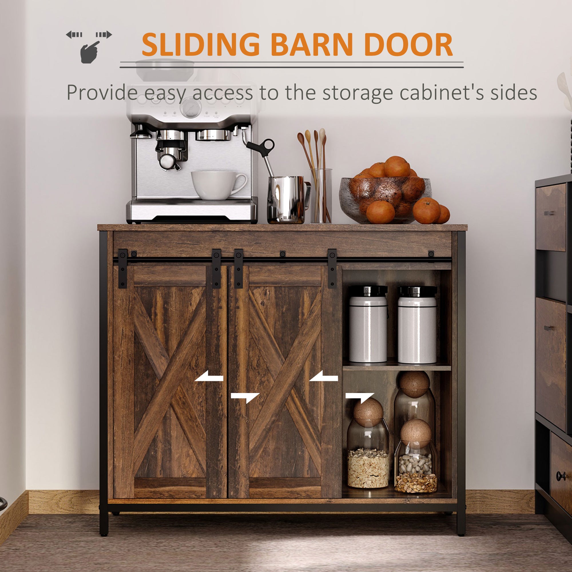 rustic sideboard buffet cabinet with sliding barn doors for easy access and storage in a living space.