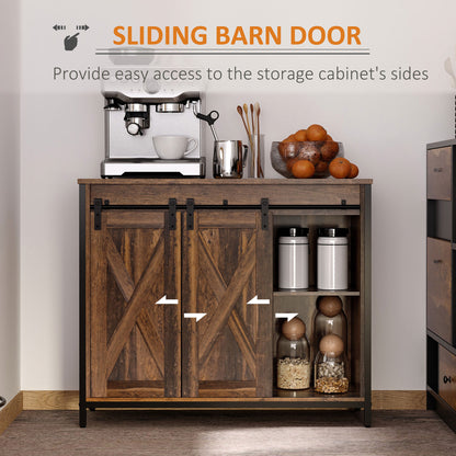 rustic sideboard buffet cabinet with sliding barn doors for easy access and storage in a living space.