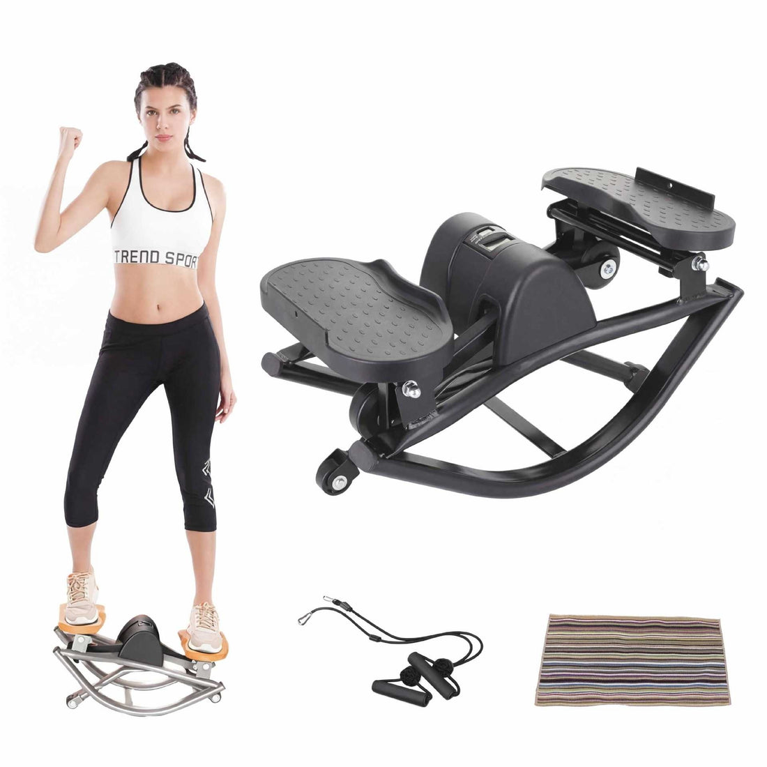 Velkoobchodní fitness otáčecí steper s ženou cvičící vedle něj a doplňky včetně mat a lanek.