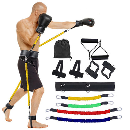 Fitness sports bounce trainer pro trénink s elastickými lany a příslušenstvím v černé, červené, zelené, modré a žluté barvě.