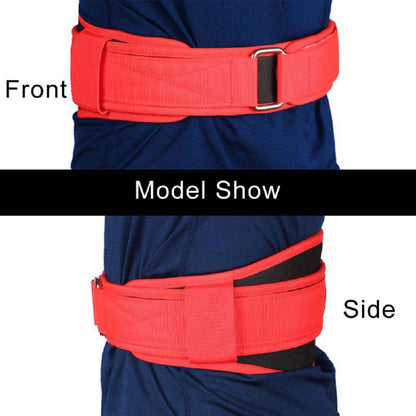 nylon fitness belt for weightlifting zobrazený z přední a boční strany na modelu.