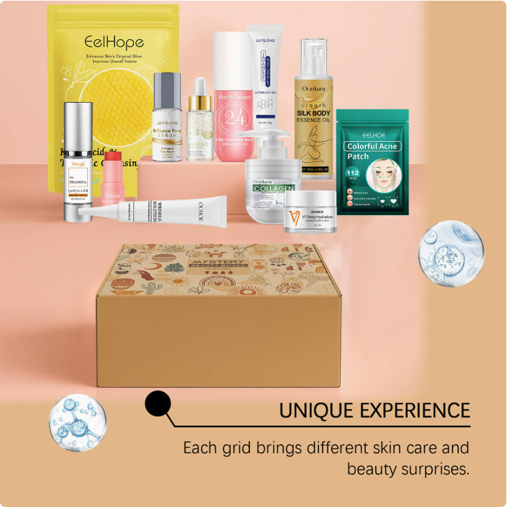mystery beauty boxes s kosmetickými produkty pro péči o pleť a překvapení v jedinečné krabici
