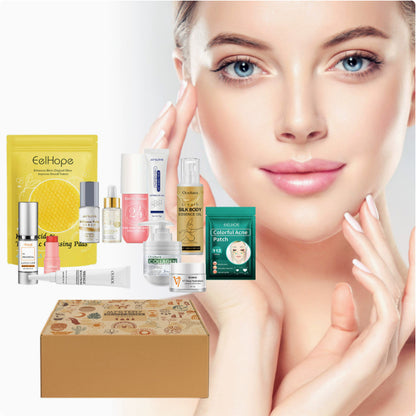 Mystery Beauty Boxes obsahující kosmetické produkty a ženu s výraznou pletí
