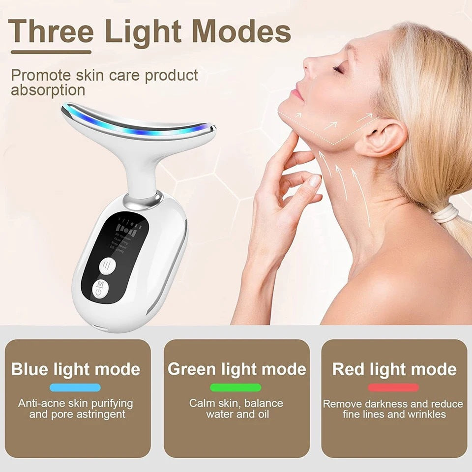 Beauty instrument for neck lifting s funkcí tří režimů světla pro zpevnění pleti a redukci vrásek.