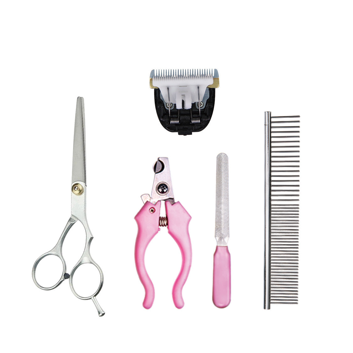 Shearing tool for dog grooming včetně nůžek, stříhačky, pilníku a hřebenu.