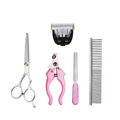 Shearing tool for dog grooming včetně nůžek, stříhačky, pilníku a hřebenu.