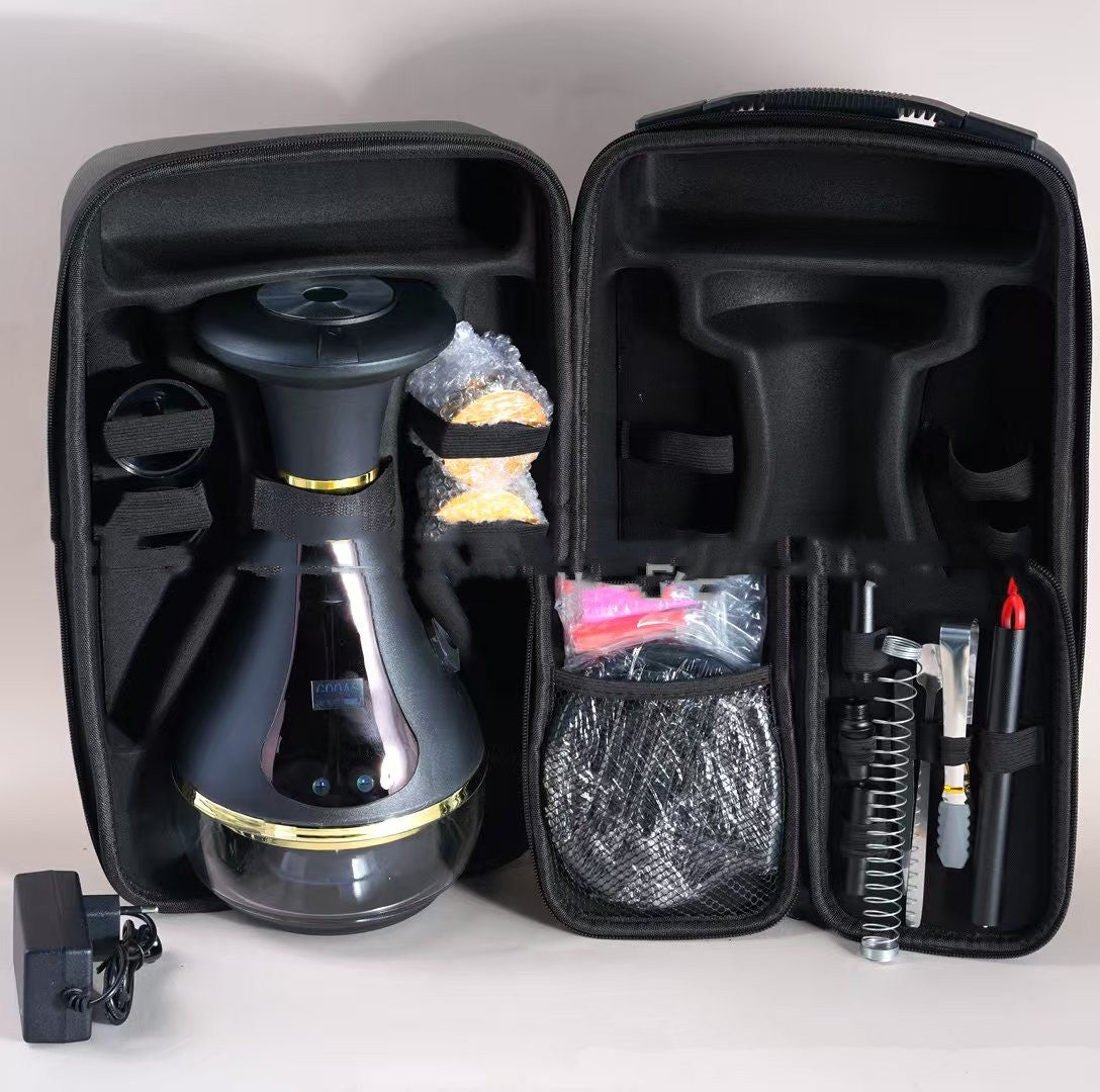 Rechargeable smart hookah s přenosným pouzdrem a příslušenstvím, elegantní design a praktické použití.