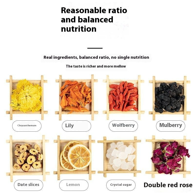 Růžový citronový čaj s vyváženým poměrem ingrediencí a nutričních prvků v různých surovinách.