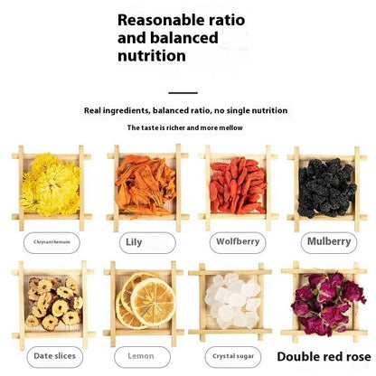 Růžový citronový čaj s vyváženým poměrem ingrediencí a nutričních prvků v různých surovinách.