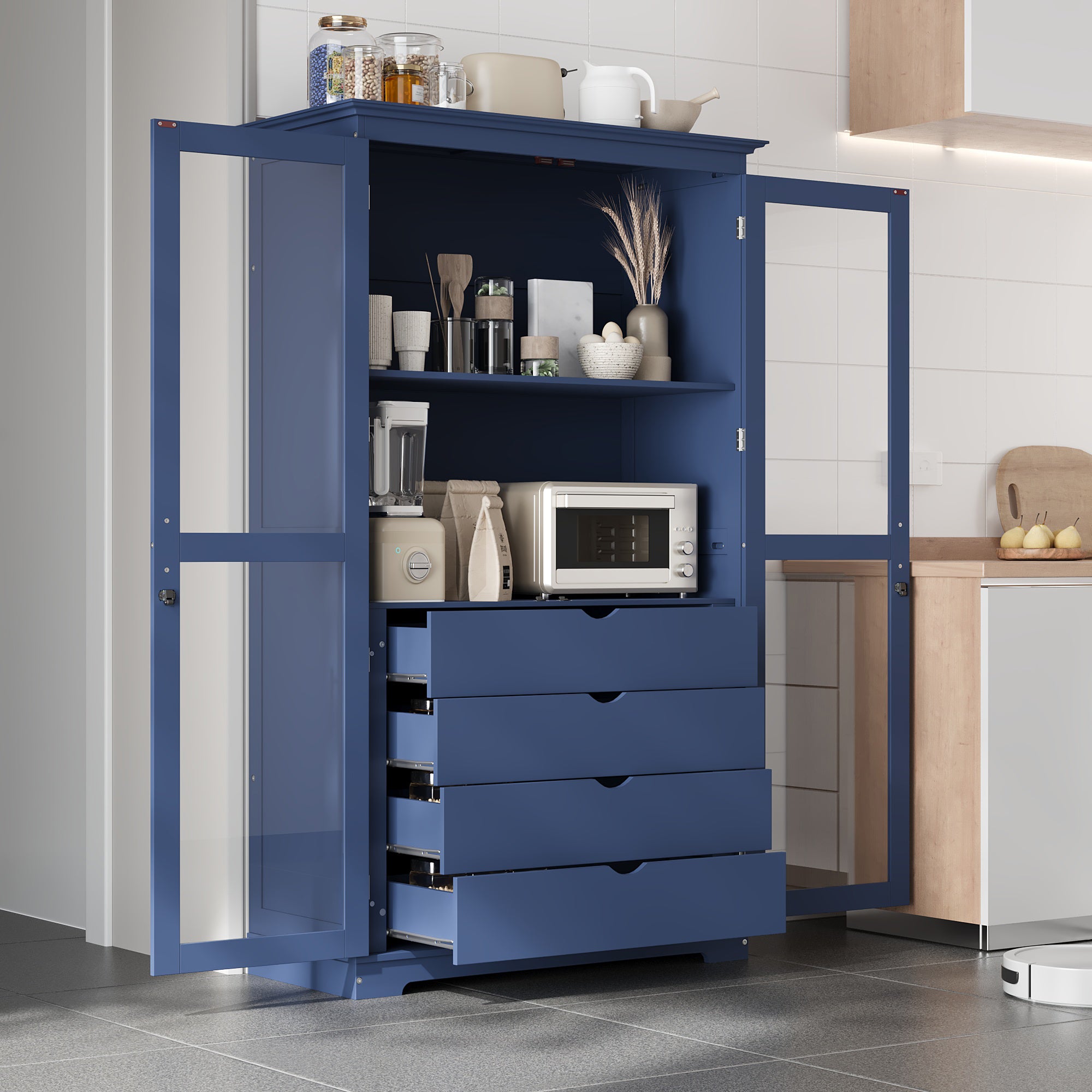 Freestanding kitchen storage cabinet blue s prosklenými dveřmi a čtyřmi vestavěnými šuplíky v moderní kuchyni.