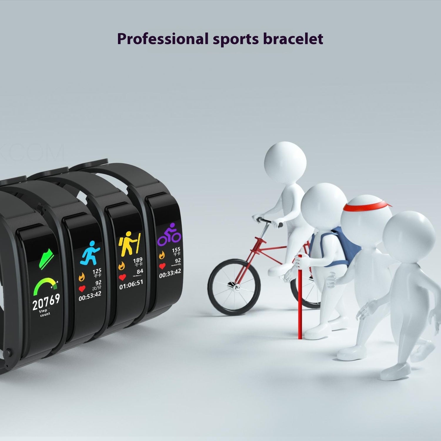 smart fitness náramek zobrazuje různé sportovní aktivity a postavy fitness nadšenců.