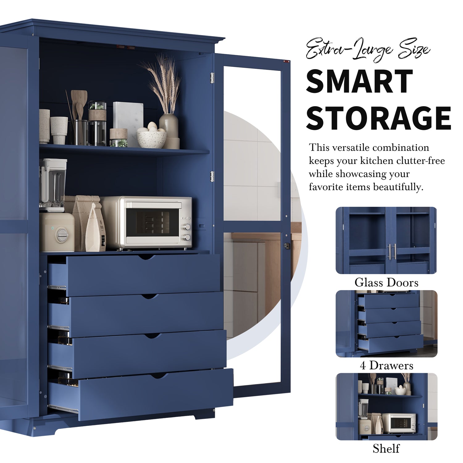 TOPMAx freestanding kitchen storage cabinet blue s prosklenými dveřmi a 4 zásuvkami pro efektivní úložný prostor.