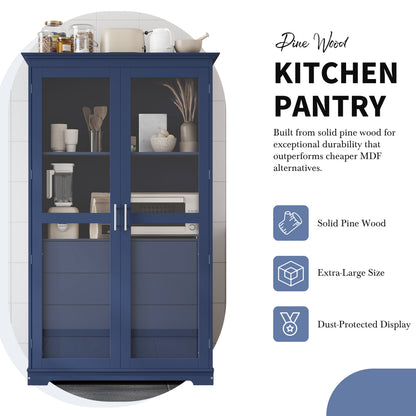 Modrý volně stojící úložný kabinet do kuchyně, TOPMAx, 44.7x20x75 palců, s prosklenými dveřmi a 4 zásuvkami.
