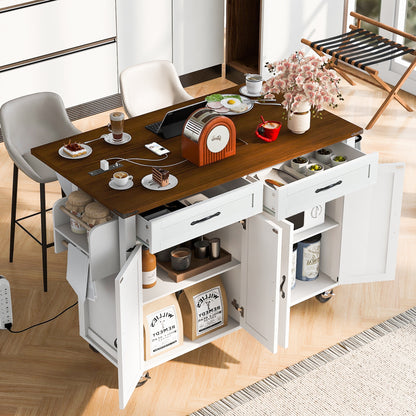 Farmhouse kitchen island with power outlet se dřevěnou deskou a otevíracími skříněmi v moderní kuchyni.