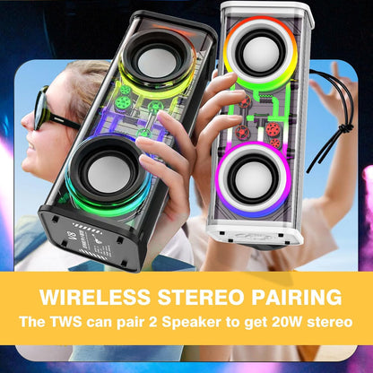 přenosný Bluetooth reproduktor s LED světly s bezdrátovým stereo párováním a transparentním pouzdrem.