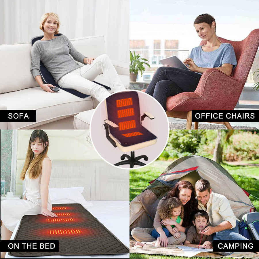 USB heated sleeping pad na různých místech, včetně pohovky, kancelářských židlí a pod stanem.