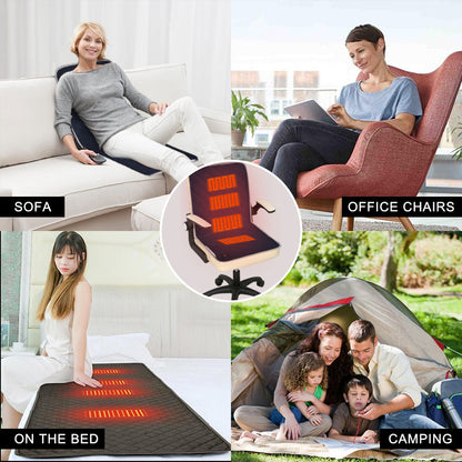 USB heated sleeping pad na různých místech, včetně pohovky, kancelářských židlí a pod stanem.