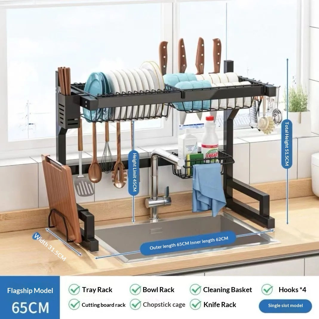 vícúčelový odkládací stojan do kuchyně s držáky na misky, nože a utěrky, moderní design pro efektivní skladování.