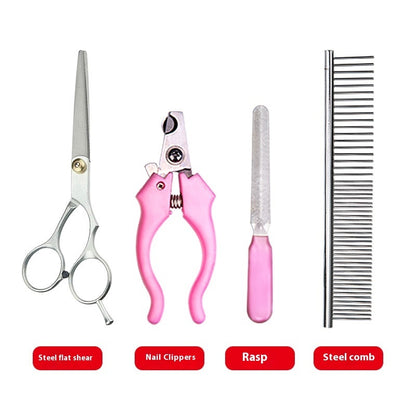 Nástroje na stříhání psů: ocelové nůžky, kleště na nehty, pilník a hřeben pro grooming. Shearing tool for dog grooming.