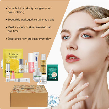 mystery beauty boxes obsahující různé kosmetické produkty pro péči o pleť a vlasy.