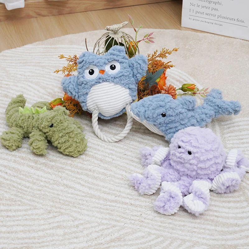 Hračky pro psy: bite resistant plush dog toys ve tvaru sovy, krokodýla, delfína a chobotnice.