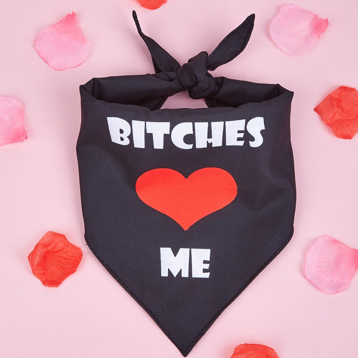 Pohodlný pes šátek s tiskem "Bitches Love Me" jako doplněk pro domácí mazlíčky.